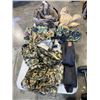 Image 1 : LOT OF CAMO ITEMS INCLUDING CAMPING CHAIR, RAIN JACKET AND PANTS, 3 UTILITY BELT AND A VEST FROM COL