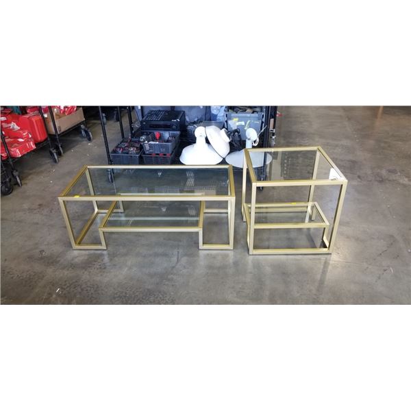 MODERN GOLD AND GLASS 2 PC COFFEE TABLE SET