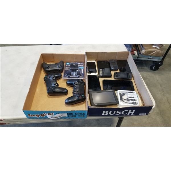 TRAY OF ASSORTED CELLPHONES, AND TRAY OF CONTROLLERS, GPS UNIT ETC
