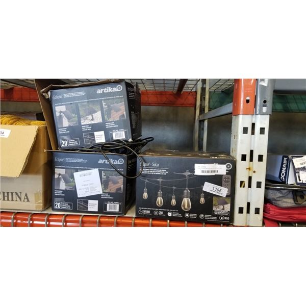 3 SETS OPEN BOX RETURN ARTIKA ECLIPSE SOLAR STRING LIGHTS WITH 20 LED BULBS, REMOTE, EACH IS 42FT LO