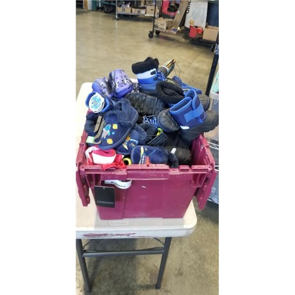 PLASTIC TOTE WITH KIDS SHOES AND BOOTS