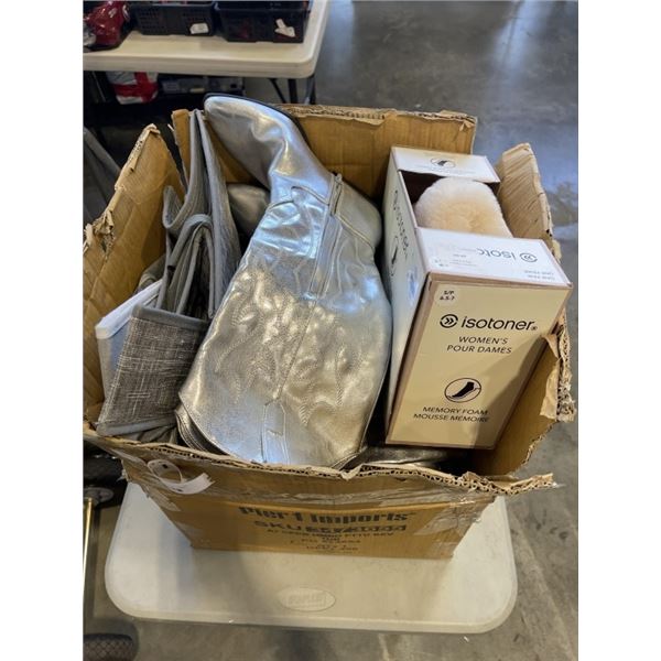 BOX OF WOMANS BOOTS SLIPPERS, AND KIDS BOOTS