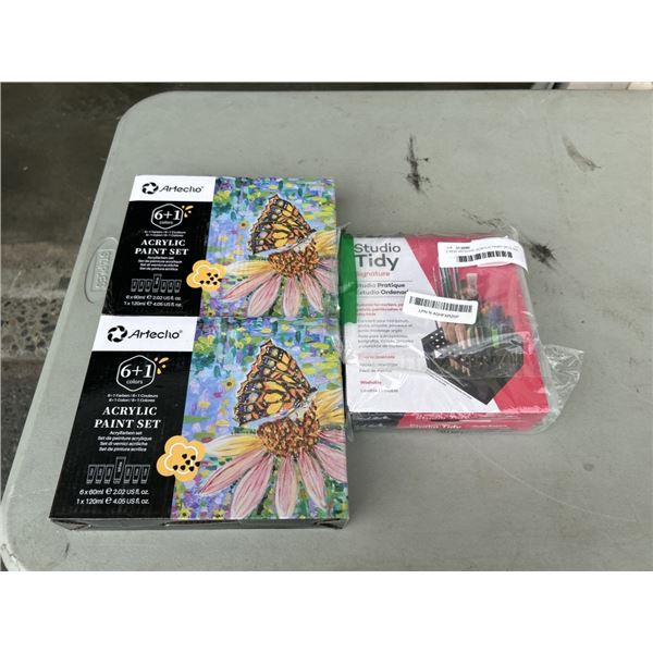 2 NEW ARTECHO ACRYLIC PAINT SETS AND 2 NEW STUDIO TIDY PAINT BRUSH HOLDERS