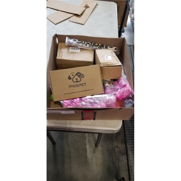 LOT OF PET ITEMS INCLUDING DOG LEASHES, DOG TOYS, POOP BAGS