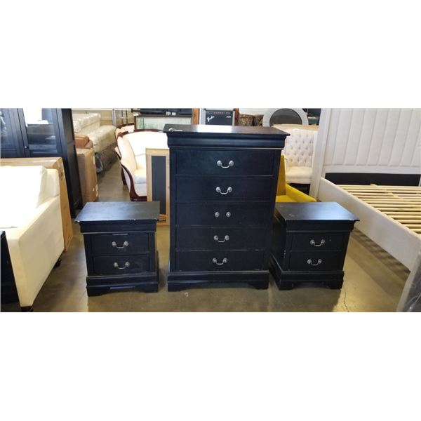 BLACK MODERN 5 DRAWER HIGHBOY AND 2 MATCHING NIGHTSTANDS