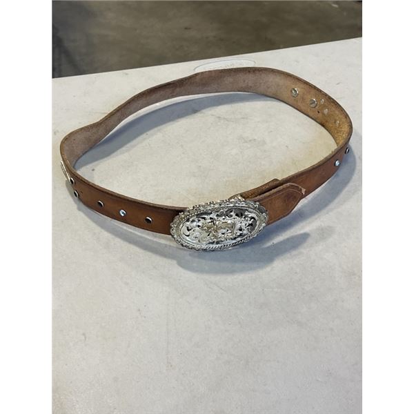 MONTANA SILVERSMITHS BELT BUCKLE AND BROWN LEATHER BELT
