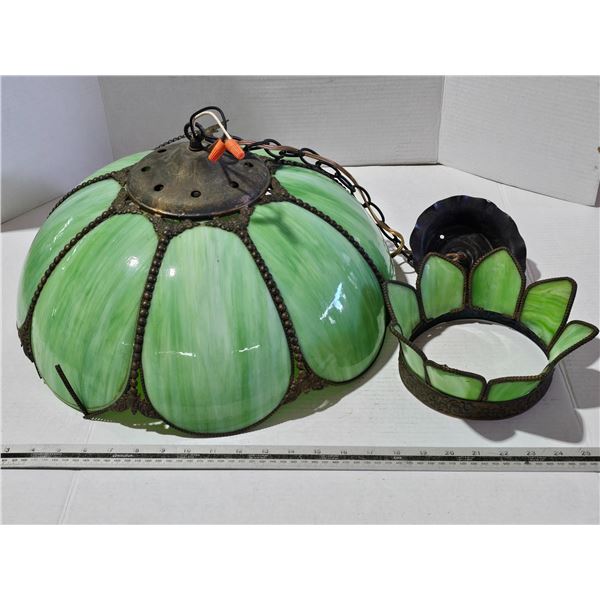 Vintage Green Slag Glass Hanging Chandelier Lamp Shade Dome & Crown – As Is