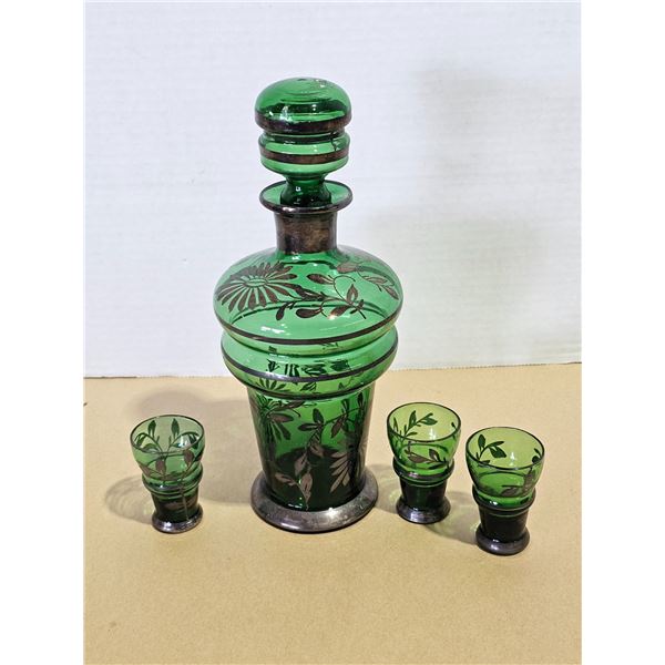 Vintage Green Glass Decanter Set w/ (3) Shot Glasses – With Floral Design Silver Overlay