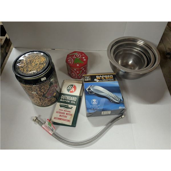 mixed lot-storage tins, hair clippers, vintage pamphlets, sink hookup hose