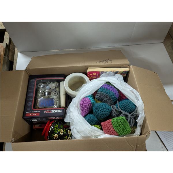 mixed lot- books, board game, mortar&pestle, nesting dolls, trail cam-new in box