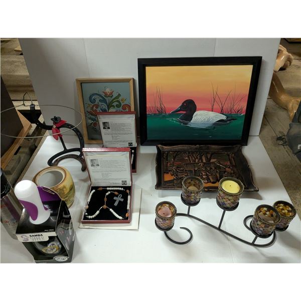 mixed lot- paintings, wall art, prayer beads, home décor, work pants size sm, husqvarna pants size 4