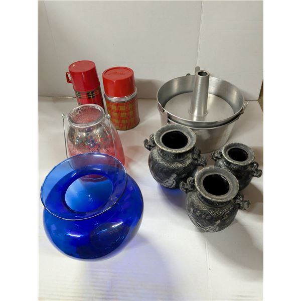 mixed lot- vintage thermos', cakes pans, vase set, glass vases