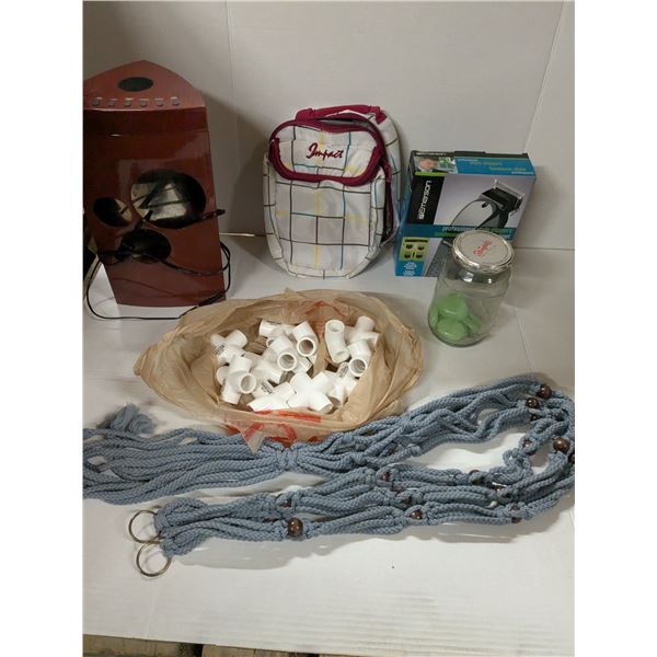 mixed lot- pvc connectors, hair clippers, tabletop waterfall/sleep machine, macrame