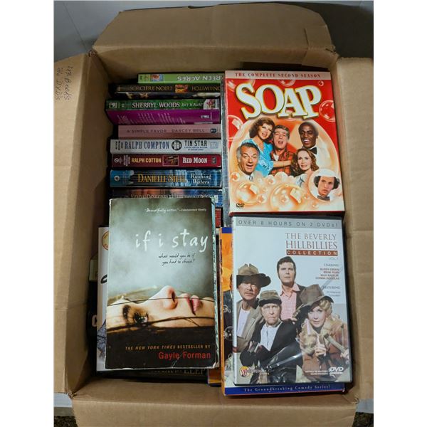 box of 24 dvds & 44 books, mixed genres