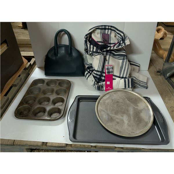 mixed lot- handbag, coat size LG, kitchen pans