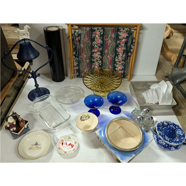 mixed lot- vintage cake stand, china pieces, salt and pepper shaker set, yard caddy and more