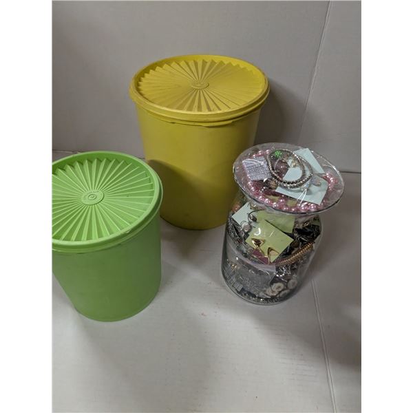 Vintage tupperware, vase full of mixed jewellery