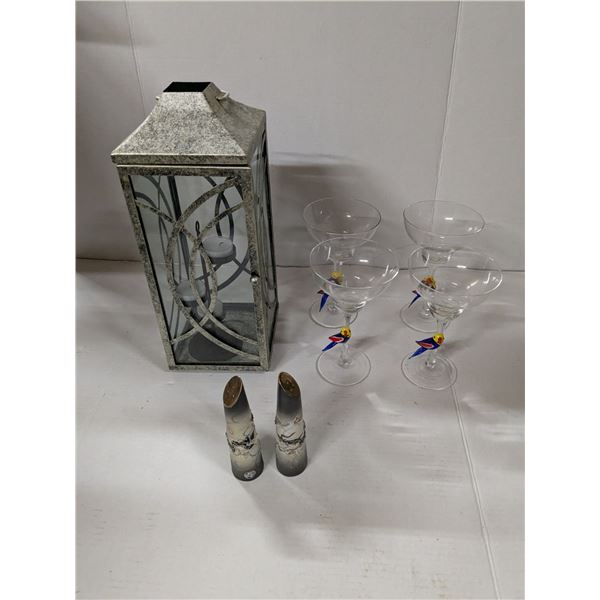 Candle holder, dragon salt and pepper shakers, parrot wine glasses