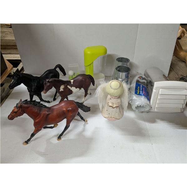 Mixed lot- horse figurines, angel figurine, kitchenware, bathroom vent kit