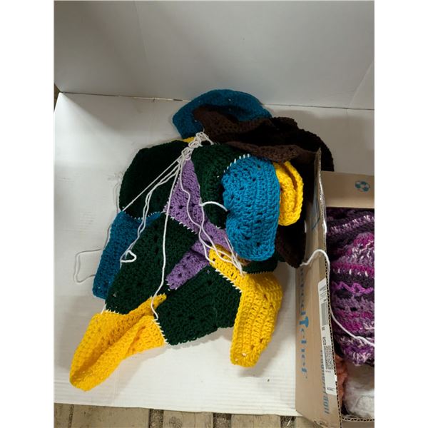 unfinished knitting and crochet projects, knitted quilt squares, etc