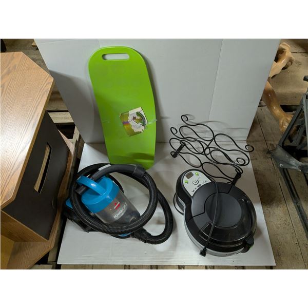 Mixed lot- exercise board with dvd, wine rack, acti-fry low oil deep fryer, powerforce vacumn,