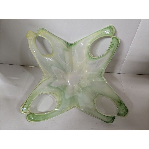large decorative glass fruit bowl, 20" across, 12" bowl