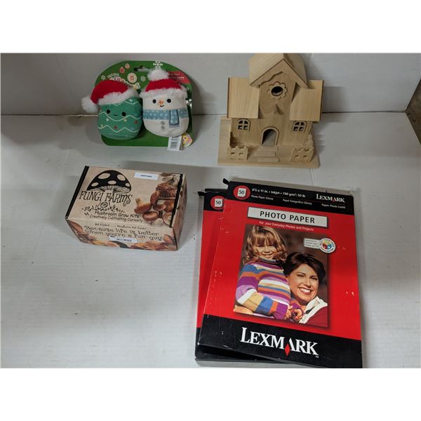 mixed lot – squish mallows, mushroom starter kit, blank birdhouse, photo paper