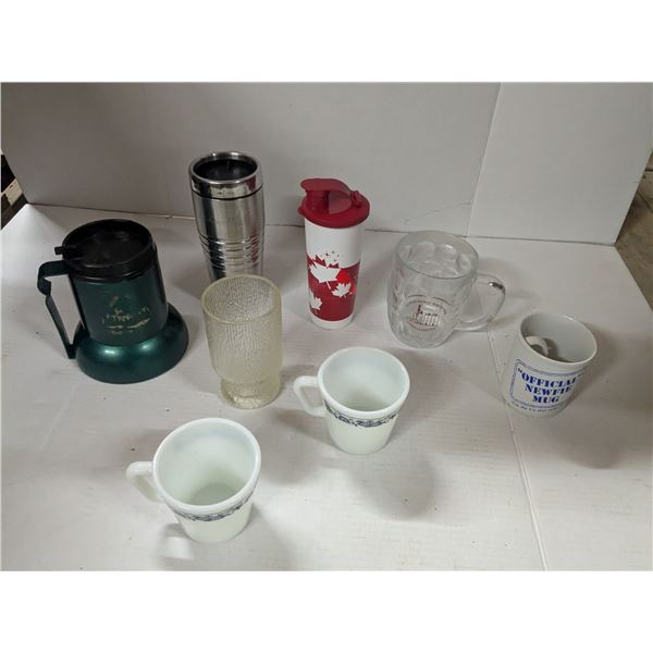 Assorted mugs, glass and plastic