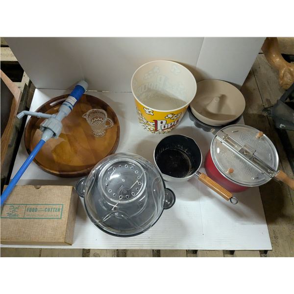 Kitchen ware- vintage slicer, cakepans, popcorn makers, serving platter, water jug hand pump