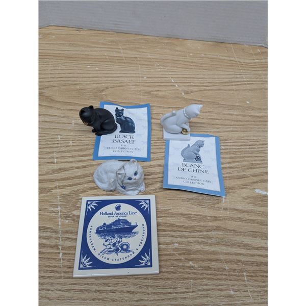 3 porcelain cats and souvenier tile