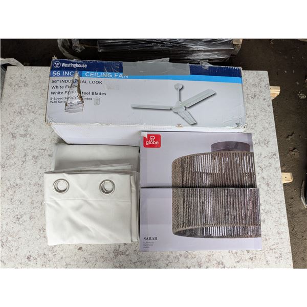 Industrial fan, light shade, both new in box, with 2 blackout curtians