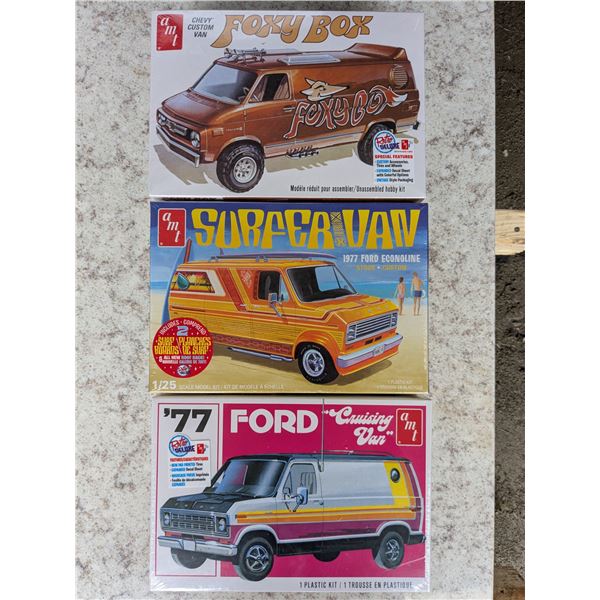 3 model vans- 77 ford crusing van, foxy van, surfer van- scale 1-25- sealed in box