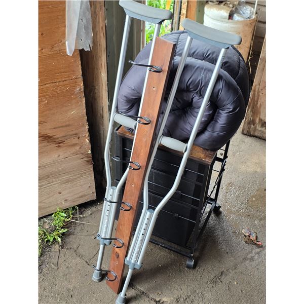 Lot of misc items- fabric cubby for storage , crutches, coat hanger
