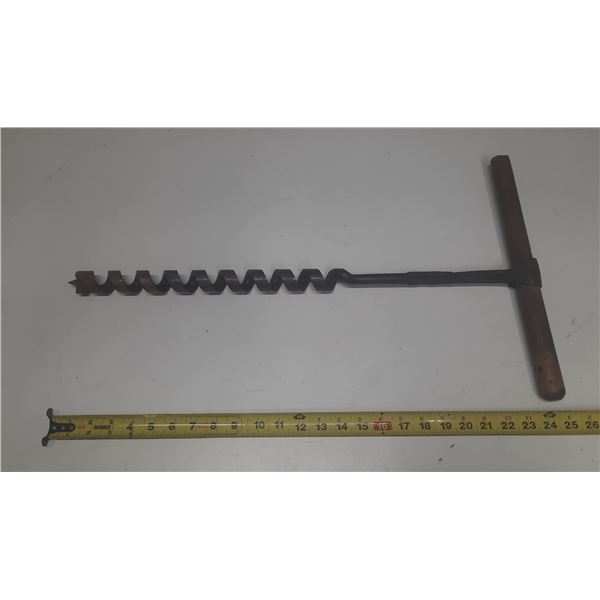 Vintage Antique T-handle wood auger drill bit designed for manual drilling.