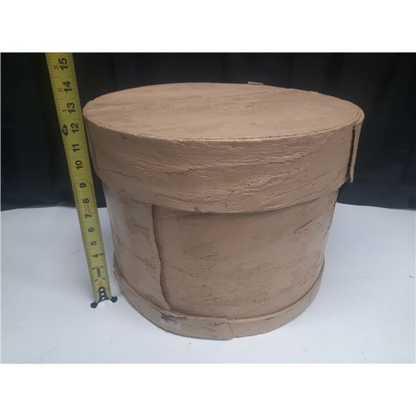 Antique Shaker-style cheese drum or primitive round wooden pantry box with a lid.