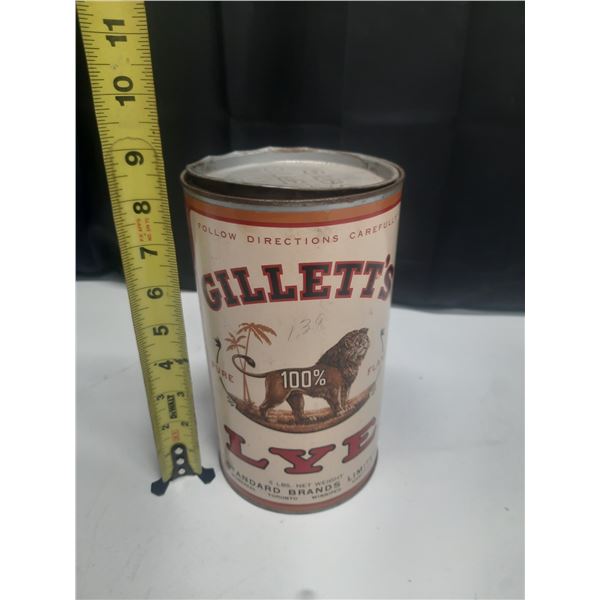 Vintage 5 lb can of Gillett's Lye Empty Tin featuring the iconic lion graphic on its paper label.