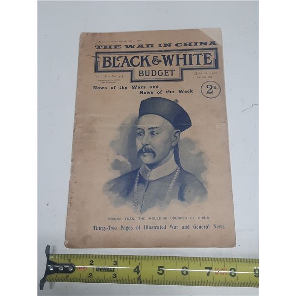 Vintage Black & White Budget newspaper from London, dated July 21, 1900, featuring a portrait of Pri