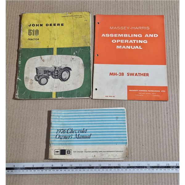 (3) Vintage Manuals - John Deere 510 Tractor, Massey-Harris Swather, 1976 Chevrolet