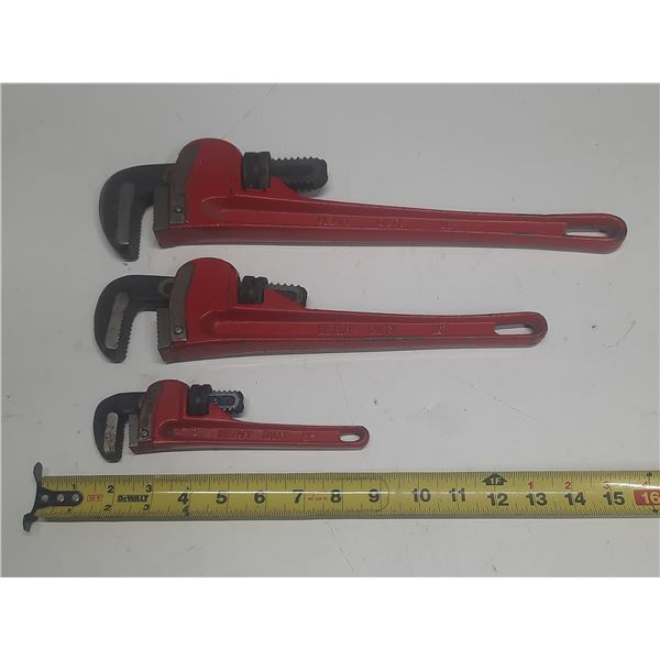 (3) Heavy-duty red pipe wrench features a durable cast iron I-beam handle and a forged, adjustable h