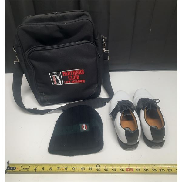 Black PGA Tour Partners Club Life Member shoulder bag,  Nike Air Comfort men's golf shoes (Size U.S.