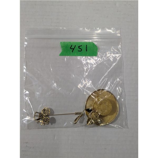 Hat shaped brooch, 2 hat pins-wagon and flower