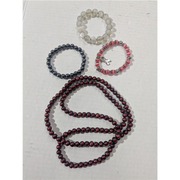 16" pearl style necklace, 3 fake pearl bracelets
