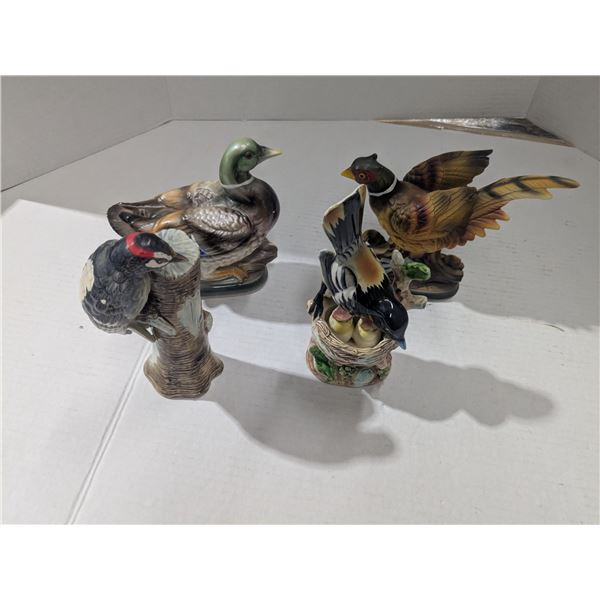4 bird figurines, duck, woodpecker, pheasant, sparrow