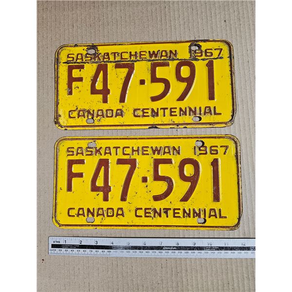 Pair 1967 Canada Centennial Sask Licence Plates