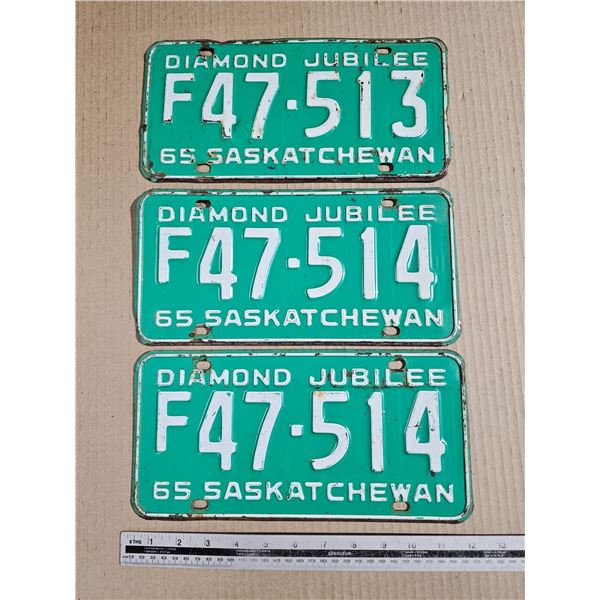 (3) 1965 (Pair plus 1 Consecutive) Sask Diamond Jubilee Farm Plates