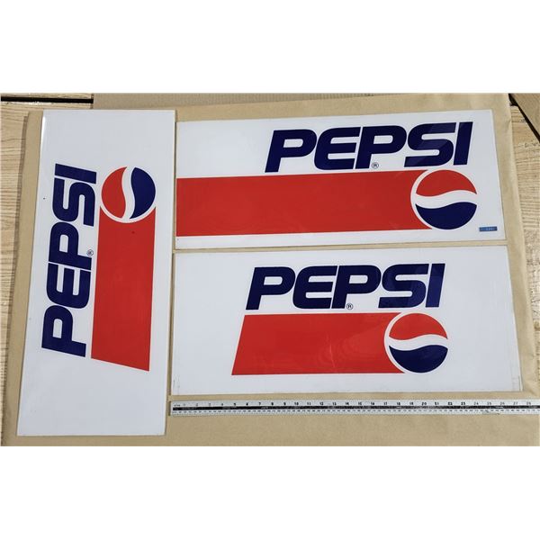 (3)  Vintage Plastic Pepsi Signs – 11.5 x 28”