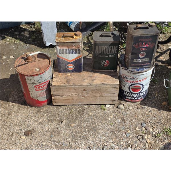 Vintage oil pales and tins with wood crate