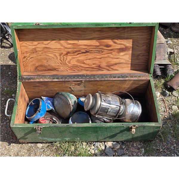 Wooden storage crate with contents