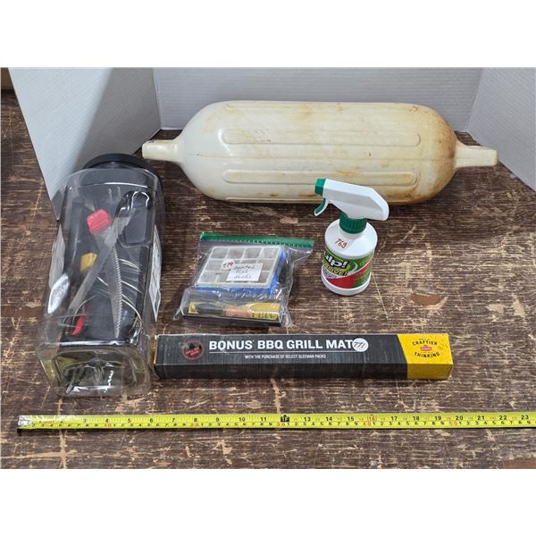 Lot of fishing gear- hooks, buoy, fileting knife blades