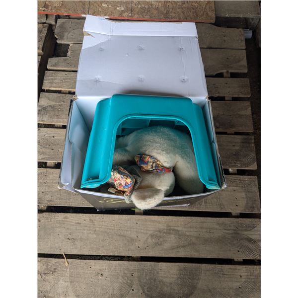 step stool with two stuffed animals